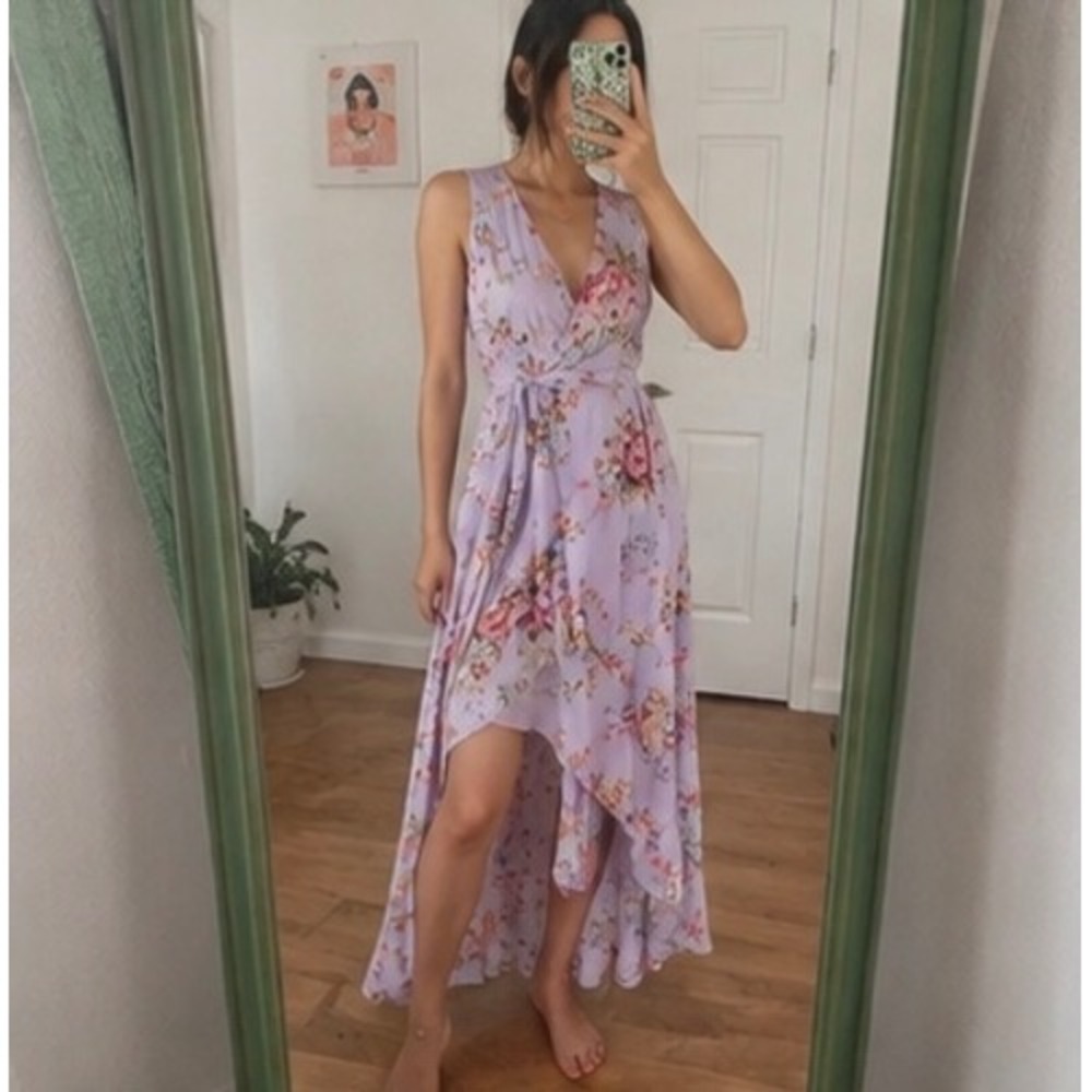 Lulus Lavender Floral High-Low Faux Wrap Maxi Dress XL Purple Sleeveless Ruffle